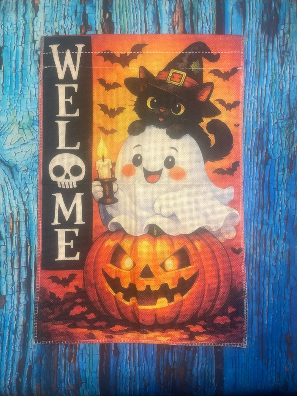 Cute Halloween Welcome Garden Flag with Ghost, Cat & Pumpkin